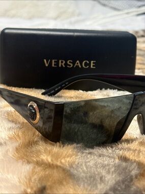 Versace Black Men’s Shield Sunglasses with Gold Medusa Accent
